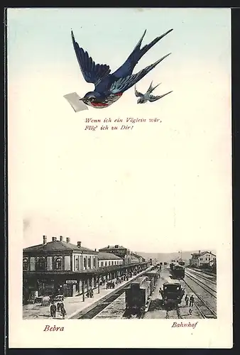 AK Bebra, Bahnhof mit Zügen mit Reisenden, Blaumeise mit Brief