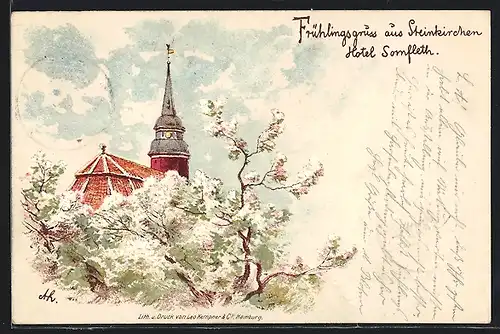 Künstler-AK Steinkirchen, Kirche und Hotel Somfleth