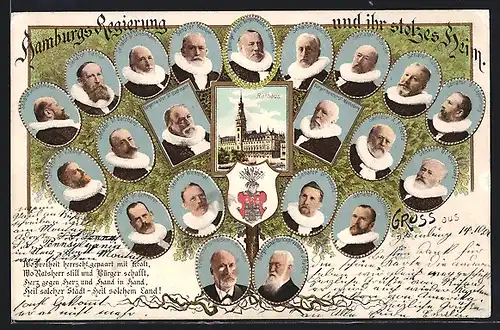 Lithographie Hamburg, Rathaus, Stadtwappen, Portraits der Regierungsmitglieder