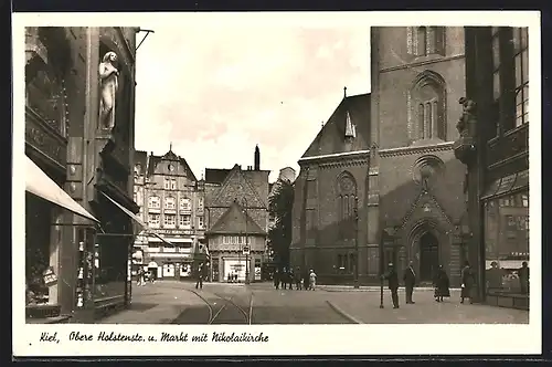 AK Kiel, Obere Holstenstr. mit Markt und Nikolaikirche