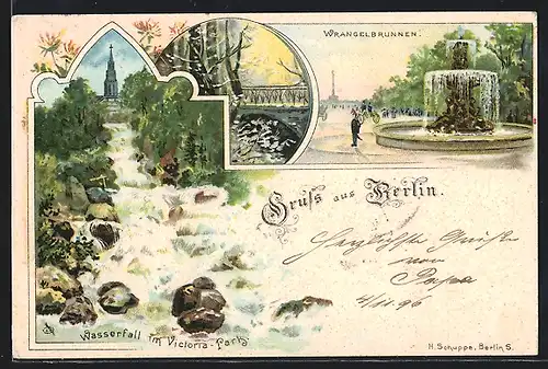 Lithographie Berlin-Kreuzberg, Wrangelbrunnen und Wasserfall im Victoriapark