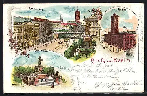 Lithographie Berlin, Lutherdenkmal, Rathaus mit Blick auf den Alexanderplatz