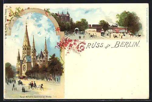 Lithographie Berlin-Charlottenburg, Kaiser Wilhelm Gedächniskirche, Strassenbahn, Zug auf der Stadtbahn