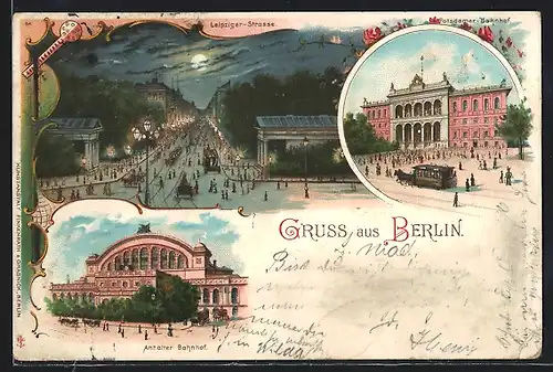 Lithographie Berlin, Anhalter Bahnhof, Potsdamer Bahnhof und Leipziger Strasse, Pferdebahnen