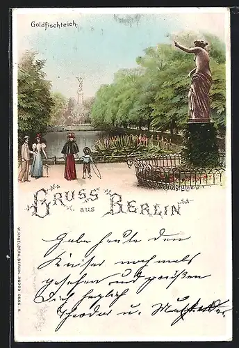 Lithographie Berlin, Goldfischteich mit Statuen