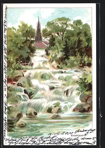 Künstler-AK Carl Münch: Wasserfallidylle im Victoriapark