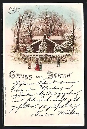 Winter-Lithographie Berlin-Tiergarten, Ansicht vom Forsthaus im Tiergarten