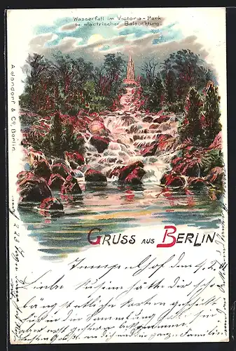 Lithographie Berlin-Kreuzberg, Wasserfall im Victoria-Park bei elektrischer Beleuchtung