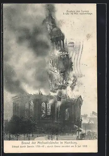 AK Hamburg-Neustadt, Einsturz des Turmes der brennenden Michaeliskirche am 3.7.1906 an der Englische Panke