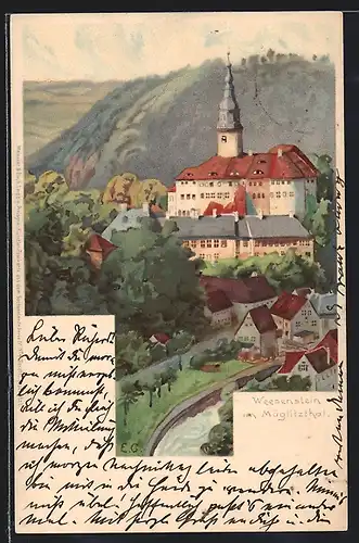 Lithographie Weesenstein /Müglitzthal, Teilansicht mit Schloss