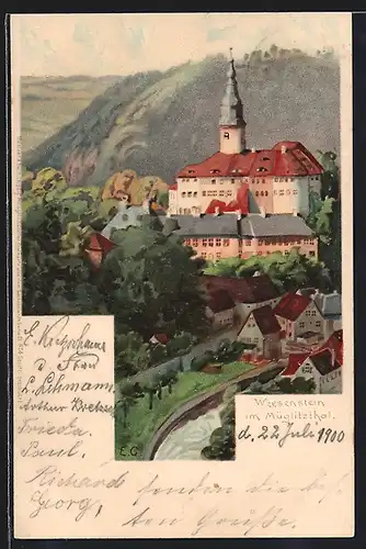 Lithographie Weesenstein /Müglitzthal, Teilansicht mit Schloss
