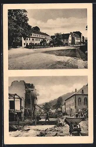 AK Berggiesshübel, Blick in die Hauptstrasse vor u. nach dem Unwetter am 8. /9.7.1927