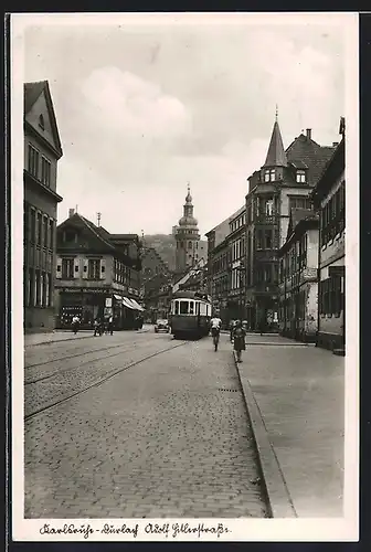 AK Karlsruhe-Durlach, Strasse mit Strassenbahn