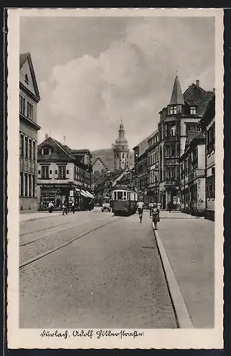 AK Durlach, strasse mit Strassenbahn