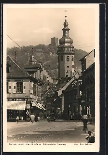 AK Durlach, Strasse mit Blick auf den Turmberg