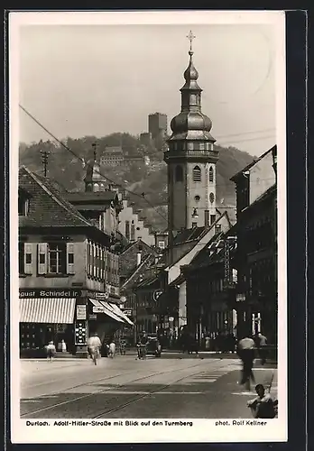 AK Durlach, Strasse mit Blick auf den Turmberg