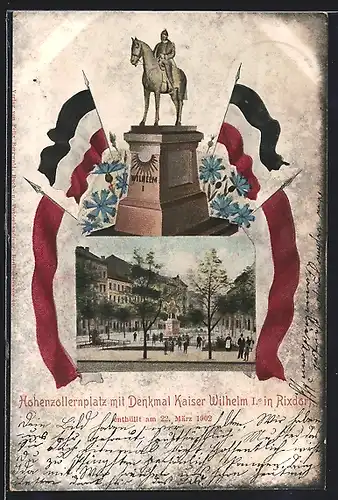 AK Rixdorf, Hohenzollernplatz mit Denkmal Kaiser Wilhelm I. enthüllt 1902