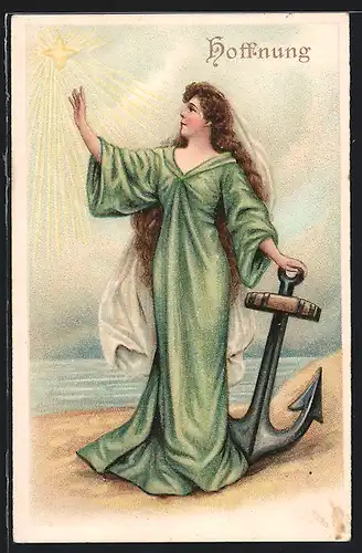 AK Hoffnung, Frau mit Anker greift nach den Sternen