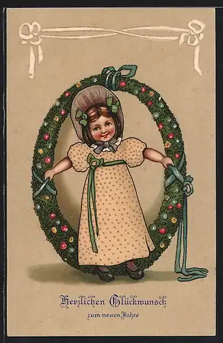Lithographie Herzlichen Glückwunsch zum neuen Jahre, Mädchen mit Girlande und Schleifen