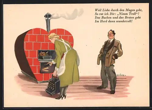 Künstler-AK Hausfrau beim Nachlegen von Kohle