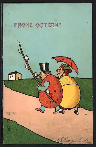 Künstler-AK Frohe Ostern, Paar mit Körper aus Eiern trägt Schirm und Weidenzweig, Metamorphose