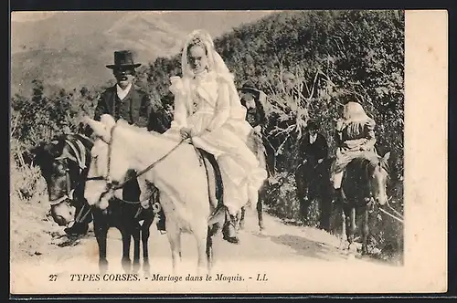 AK Types Corses, Mariage dans le Maquis, Brautpaar auf Pferden