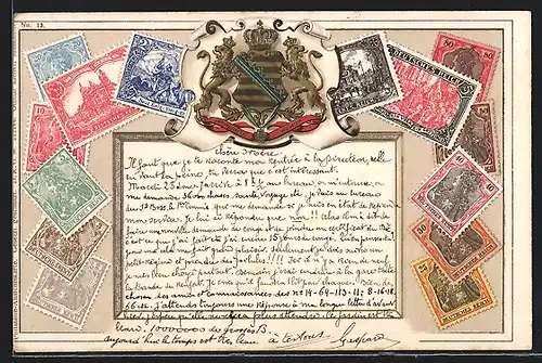 Präge-Lithographie Deutsches Reich, Wappen und Briefmarken