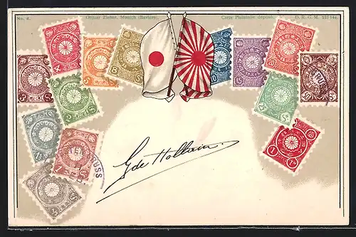 AK Briefmarken Japans mit Flaggen