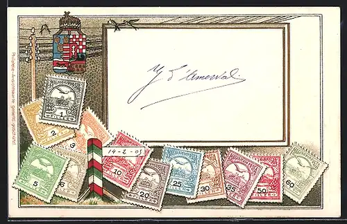 Präge-Lithographie Ungarn, Wappen und Briefmarken