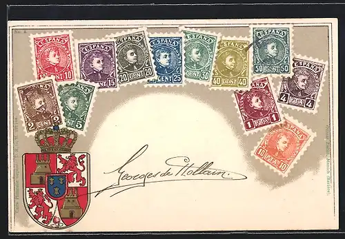 Präge-Lithographie Spanien, Wappen und Briefmarken