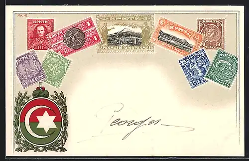 AK Kreta, Briefmarken mit darauf abgebildeten Persönlichkeiten, Fabelwesen und Landschaften, Wappen