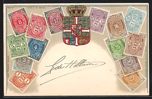 Präge-Lithographie Danmark, Wappen mit Briefmarken