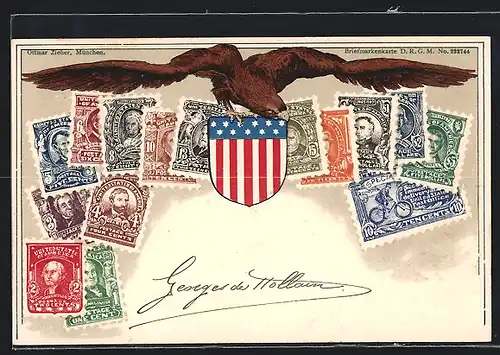 AK amerikanische Briefmarken, Wappen, Adler