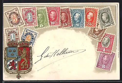 Präge-Lithographie Sverige, Wappen und Briefmarken
