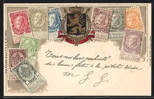 Präge-Lithographie Belgien, Wappen und Briefmarken