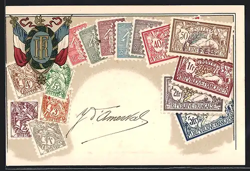 Präge-Lithographie Frankreich, Wappen und Briefmarken