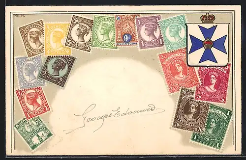 Präge-Künstler-AK Queensland, Wappen und Briefmarken