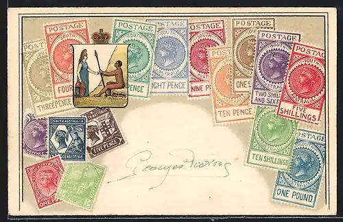 AK Briefmarken aus Süd-Australien, Wappen