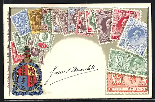 AK Briefmarken und Wappen Englands, Krone