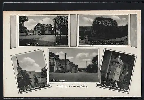 AK Hardisleben, Hauptstrasse, Karlsplatz, Park, Kriegerdenkmal 1914 /18