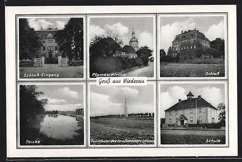 AK Wiederau, Funkturm des Grosssenders Leipzig, Schule, Teiche