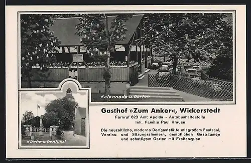 AK Wickerstedt, Gasthof Zum Anker Kolonnade u. Garten, Kirche u. Denkmal
