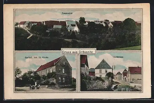 AK Grössnitz, Totalansicht, Gasthof von E. Glocke, Dorfstrasse