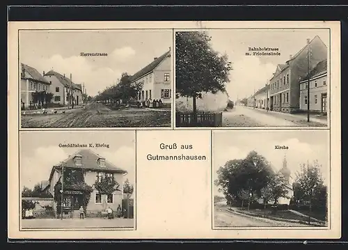 AK Guthmannshausen, Herrenstrasse, Bahnhofstrasse mit Friedenslinde, Kirche