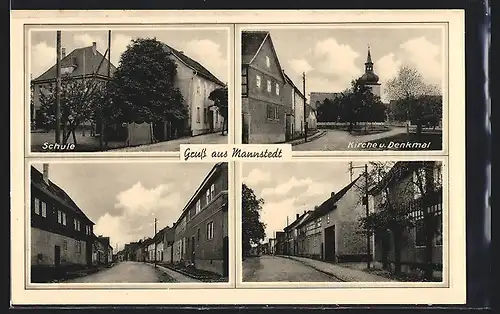 AK Mannstedt, Schule, Strassenpartien, Kirche und Denkmal