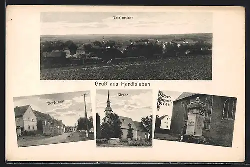 Künstler-AK Hardisleben, Dorfstrasse, Kirche, Kriegerdenkmal 1914 /18