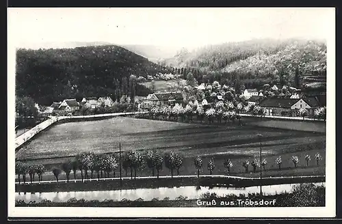 AK Tröbsdorf, Ortsansicht über ein Feld