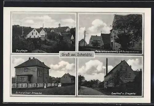 AK Schelditz, Gasthof u. Ziegelei, Materialwarenhandlung M. Aschenbrenner, Schelditzer Strasse