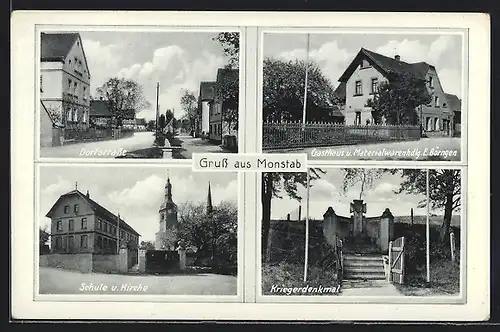 AK Monstab, Dorfstrasse, Schule u. Kirche, Gasthaus u. Materialwarenhdlg. von E. Börngen