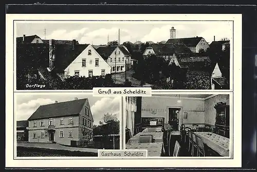 AK Schelditz, Gasthaus Schelditz, Innenansicht, Dorflage